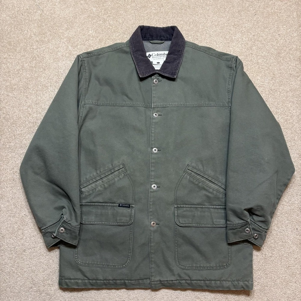 Vtg Columbia Jacket Mens Large Green Canvas Corduroy Quilted Barn Chore Coat 90s